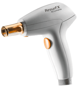 Handheld ResurfFX skin resurfacing device with gray body, orange nozzle, and orange trigger button.