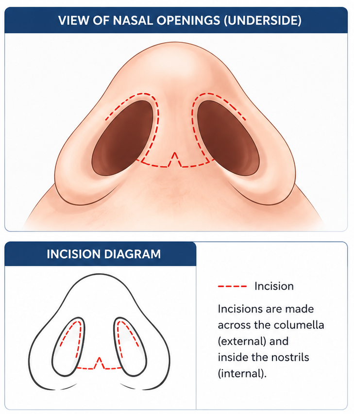 Underside view of nasal openings with red dashed incision lines across the nostril base and columella.