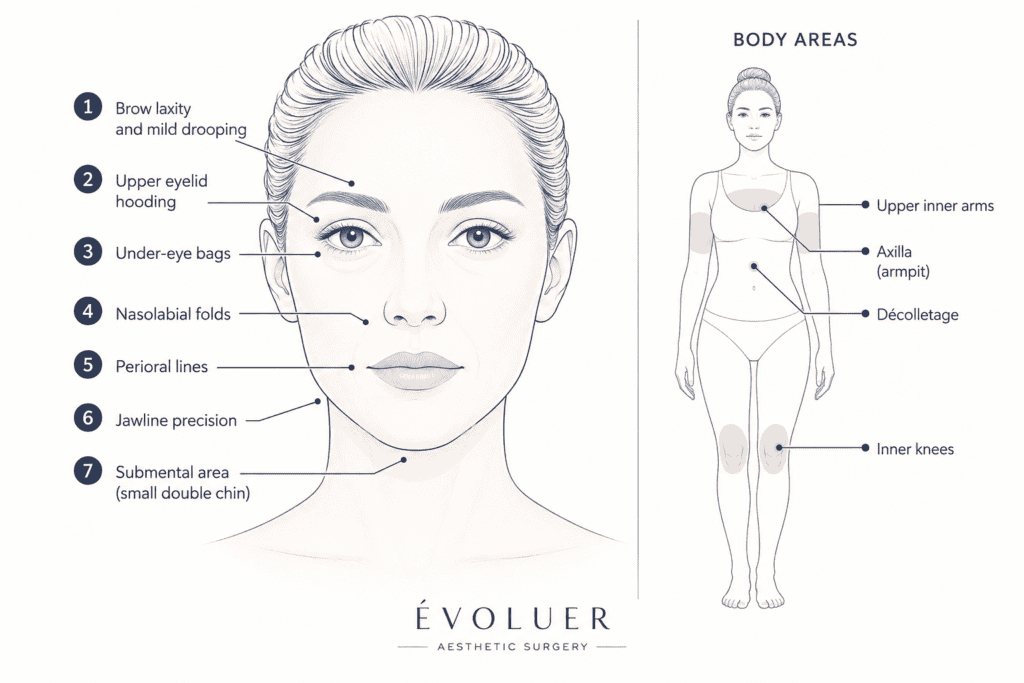 Educational diagram labeling facial areas and select body regions for aesthetic procedures (brow laxity, eyelids, nasolabial folds, décolletage, inner arms, inner knees).